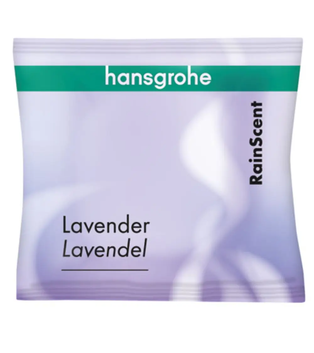 Packung mit Duschtabs von Hansgrohe in Lavendelduft, designet für Wellnessanwendungen. Darin enthalten sind mehrere Tabs für ein entspannendes Duscherlebnis.